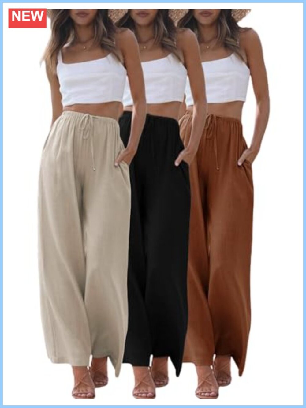 Linen Wide Leg Palazzo Pants Cotton Blend Drawstring Beach Vacation